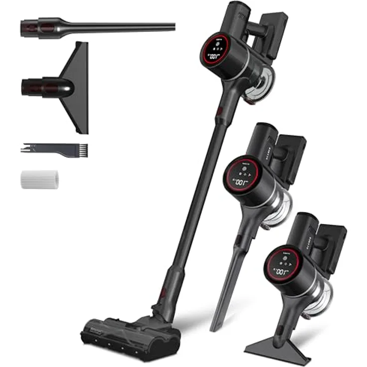 KLAMER Akku-Staubsauger, 500 Watt Kabelloser Staubsauger mit LED Licht, Flexibler Handstaubsauger, HEPA Filter, 25.9 Volt, Rot