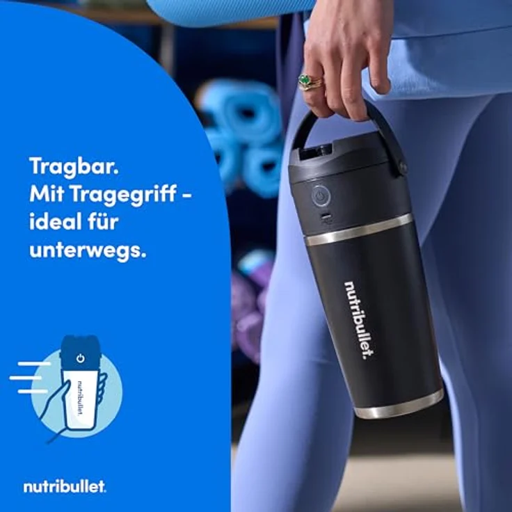 NutriBullet Flip NBP016B tragbarer Mixer, 590ml isolierter Edelstahlbecher, hält bis zu 24 Stunden kalt, mixt auch Eis und Gefrorenes, 2in1, multifunktionaler Mixer, USB-C Ladegerät, Schwarz – Bild 5