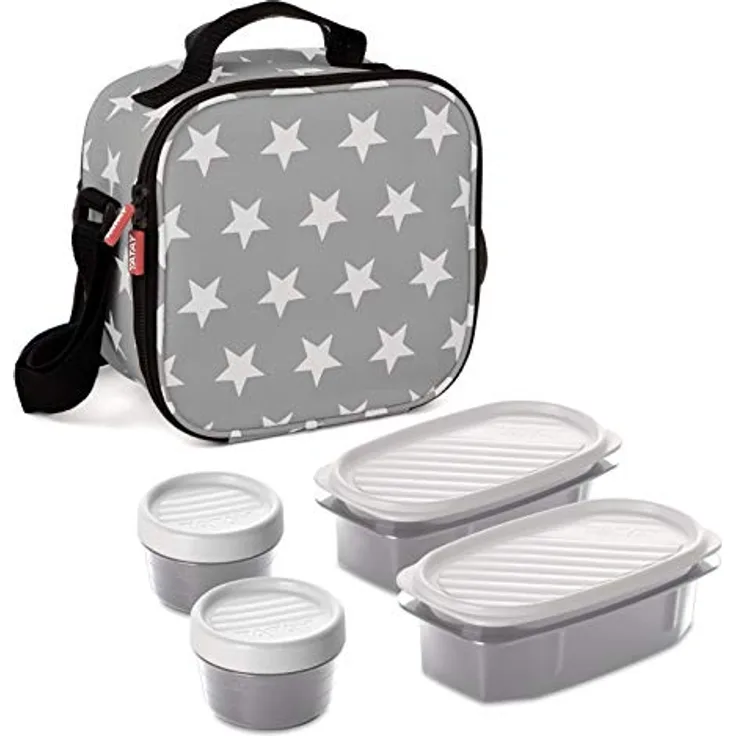 Tatay Kühltasche Klein, 3L Kapazität, 4 Kunststoff Frischaltendosen (2 x 0,5 l, 2 x 0,2 l) BPA frei, Grau mit Sternen. Messen 22,5 x 10 x 22 cm