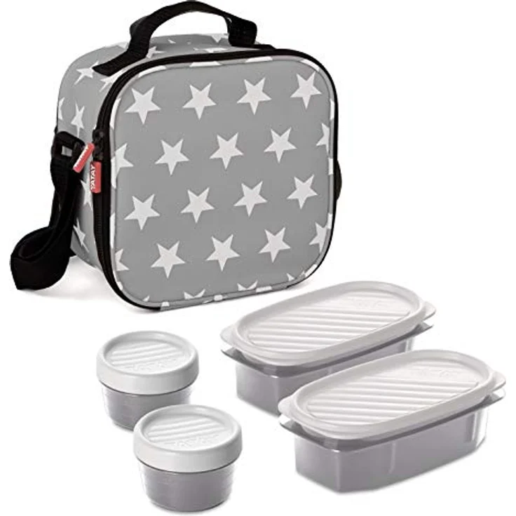 Tatay Kühltasche Klein, 3L Kapazität, 4 Kunststoff Frischaltendosen (2 x 0,5 l, 2 x 0,2 l) BPA frei, Grau mit Sternen. Messen 22,5 x 10 x 22 cm – Bild 1