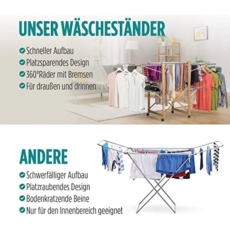 Vitapur House Care Wäscheständer - Ausziehbarer Standtrockner im Holzoptik - Mobile mit Rollen - Klappbarer Flügelwäschetrockner auch für Lange Wäschestücken - für Innen und Draußen – Bild 3
