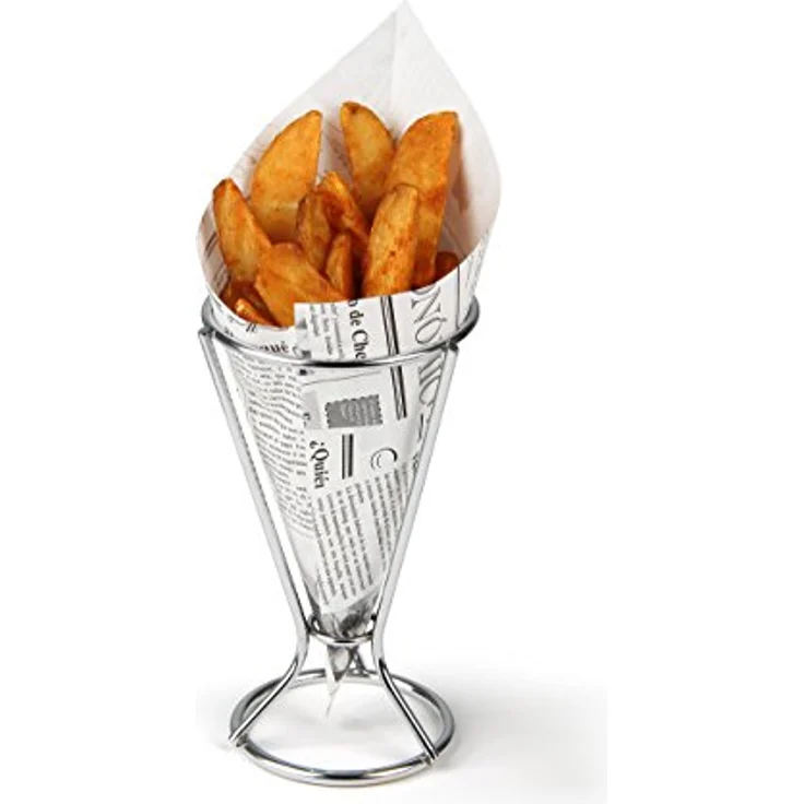 Fackelmann Fingerfoodhalter mit Spitztüten, Pommeshalter inklusive 5 fettabweisenden Papiertüten, Snackständer mit Tüten im Zeitungsdesign (Farbe: Silber, Weiß/Schwarz), Menge: 1 x Halter, 5 x Tüten – Bild 4