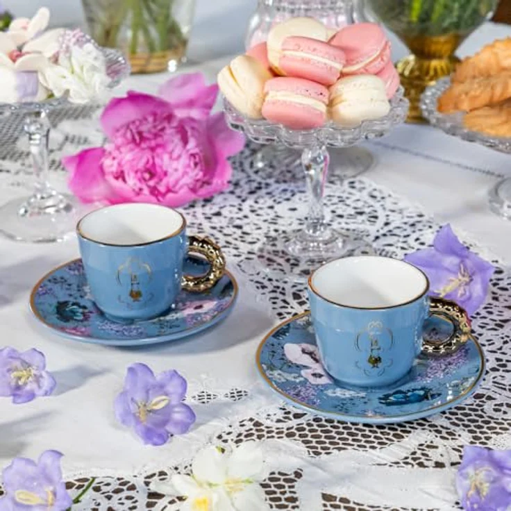 Lindy Kochbesteck-Set Bridgerton, Espressotassenset mit goldenen Akzenten und Blumenmustern, 2 Tassen und Untertassen aus hochwertigem Porzellan, 90 ml Fassungsvermögen – Bild 3