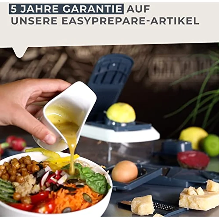FACKELMANN Multi-Schneider #easyprepare, hochwertiger Multizerkleinerer, Gemüsezerkleinerer mit 11 verschiedenen Aufsätzen, sicherer Halt durch Anti-Rutsch-Füße (Farbe: Weiß-Blau-Grau), 1 x 16 Teile – Bild 6