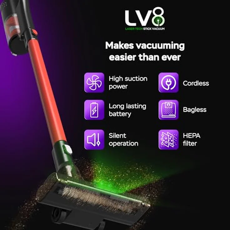 TurboTronic TT-LV8, Akku-Hand- und Stielstaubsauger mit LASER-LED, 120W, 11 kPa, kabellos, leise < 80 dB, für Teppich & Hartboden – Bild 3