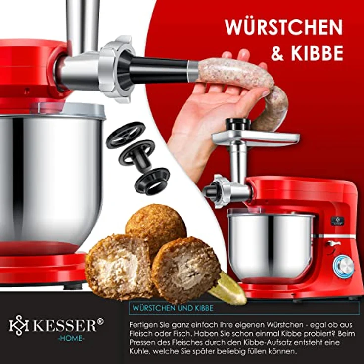 KESSER K-KM 3000 3 in 1 Universal Küchenmaschine, 1500W, 5,5L Schüssel, inkl. Fleischwolf, 3 Rührwerkzeuge, 1,5L Entsafter, Wurst Set Pasta & Plätzchenformen, rot - Preisvergleich – Bild 6