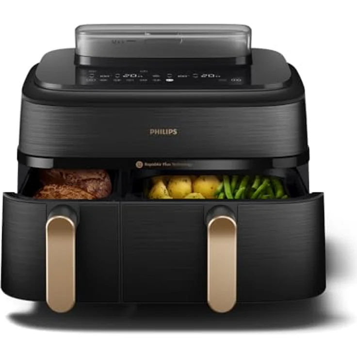 Philips Heißluftfritteuse 5000 Series NA552/00, Dual Basket mit Steam und 9L Kapazität (6L+3L), 2750 W, RapidAir Plus Technologie, Dampfreinigung, HomeID App, Schwarz/Kupfer – Bild 2
