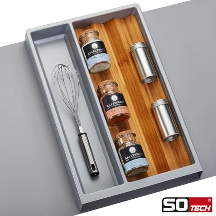 Orga-Box SEPARADO Individual Multifunktionseinsatz silbergrau genarbt (300 x 474 x 51 mm) inkl. Bambus Gewürzeinsatz - Große Fächer für Küchenutensilien – Bild 3