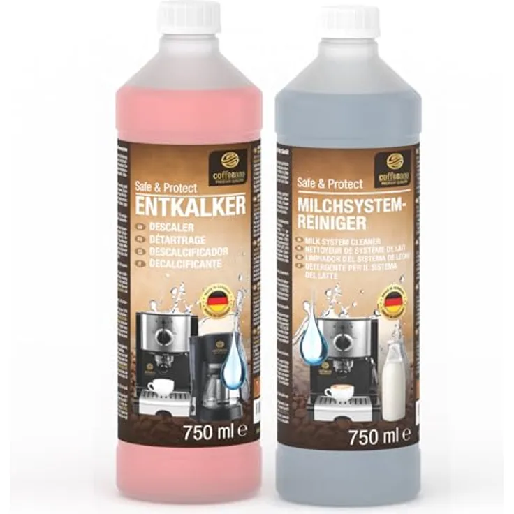 Coffeeano Spar Pack 750ml Entkalker & 750ml Milchsystemreiniger für Kaffeevollautomaten, Anti-Kalk-Schutz, Made in Germany