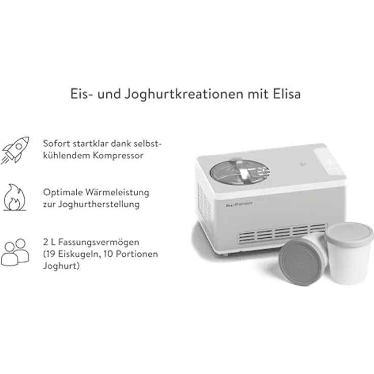 Springlane Eismaschine & Joghurtbereiter mit Kompressor, inkl. Rezeptheft, 2 l, 180 W, Elisa + 2 Aufbewahrungsbehälter Grau – Bild 2