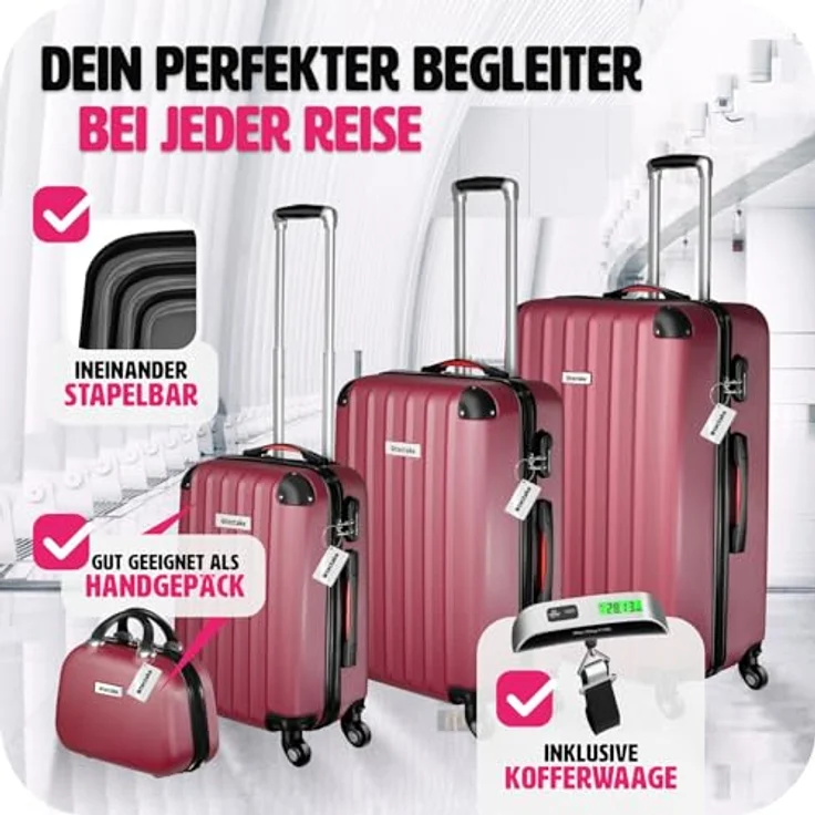tectake® 4-teiliges Reisekoffer Kofferset inkl. Kofferwage und Gepäckanhänger, 360° Rollen, Hartschalenkoffer mit Zahlenschloss, Koffer groß, ineinander stapelbar, Trolley Handgepäck - weinrot – Bild 4