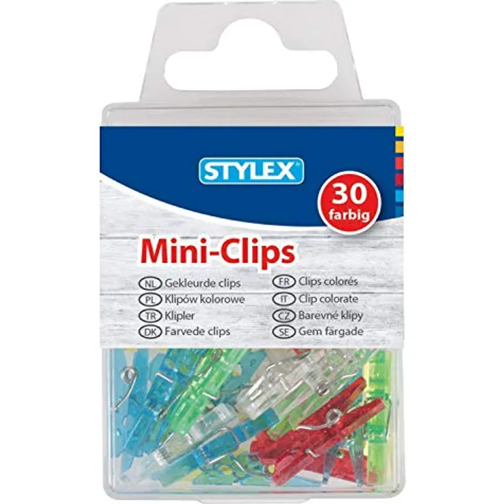 Stylex 24435 - Mini-Wäscheklammern, Clips aus Kunststoff, ca. 25 x 5 x 6 mm groß, 30 Stück farbig sortiert mit Metallfeder, zum Basteln und Dekorieren