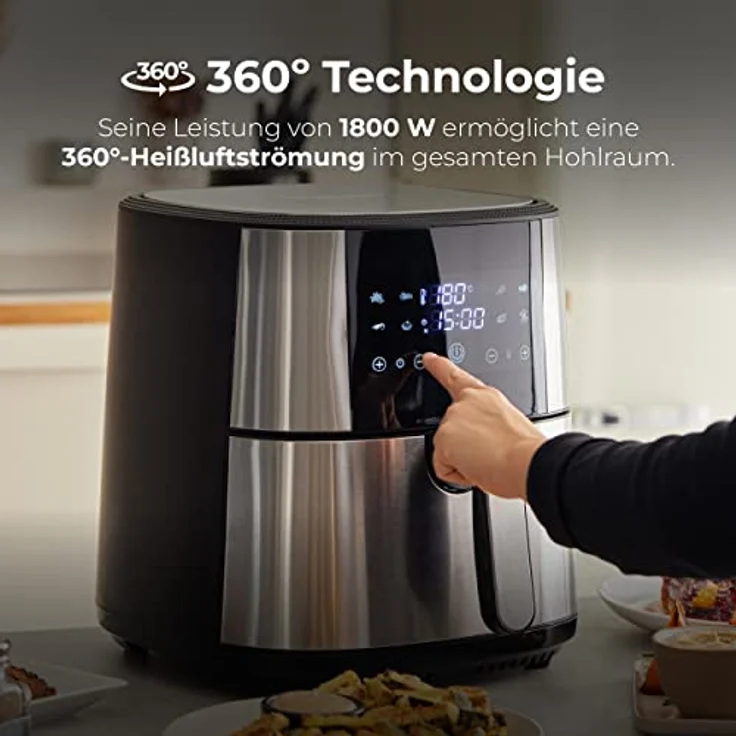 MasterPro Foodies - Fritteuse Ohne Öl, AirFryer XXL, 6L Fassungsvermögen und 1800W Leistung, 90% weniger Fett, Touchscreen-LED-Display und Antihaft-Korb, 8 Kochprograme, Grau – Bild 3