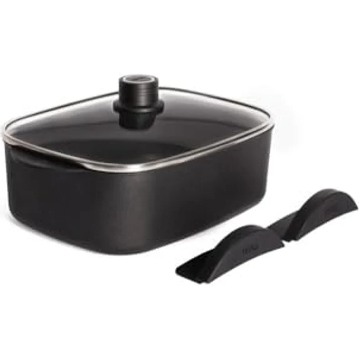 Woll Eco Logic QXR Bräter inklusive Glasdeckel, mit 2 eingegossenen Hebegriffen - Induktiv -, 29 cm x 22 cm, 10 cm hoch, 5.1 Liter - PFAS-frei, Antihaft-Versiegelung, Alum, Silikongriff, schwarz – Bild 1