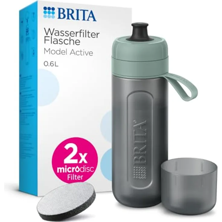 BRITA Sport Wasserfilter Flasche Model Active dunkelgrün (600ml) inkl. 2 MicroDisc Filter – BPA-frei, spülmaschinengeeignet, filtert beim Trinken