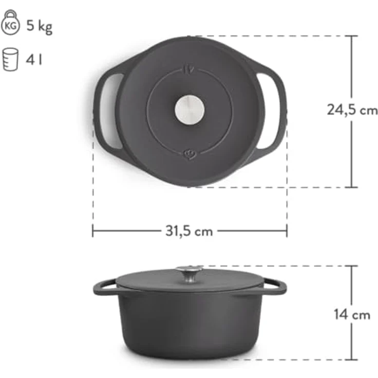 Springlane Bräter »Clara«, Gusseisen, Cocotte mit Deckel & Rezeptheft, Grau, rund, 24 cm, 4 l – Bild 2