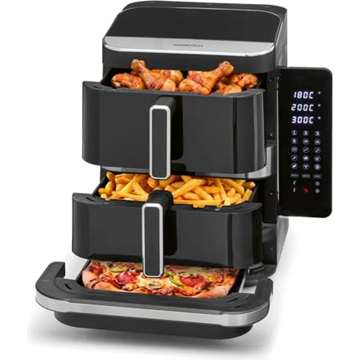 GOURMETmaxx Heißluft-Fritteuse FryUp3, 2800W, schwarz, vertikal, Doppelkorb 4l + 6l, Pizzafach, 12 Programme, 13,4l Volumen