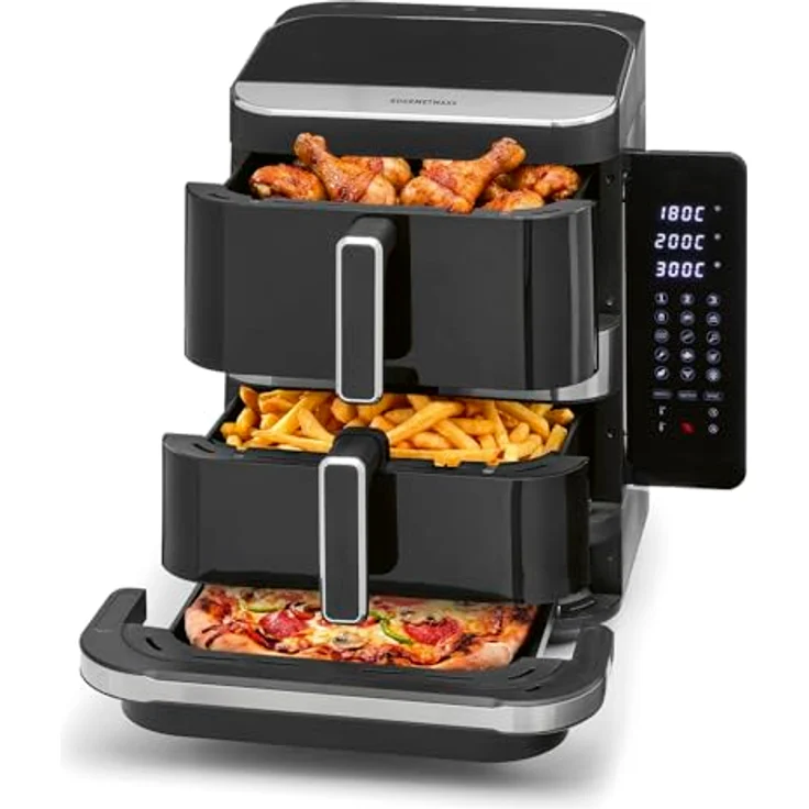 GOURMETmaxx Heißluft-Fritteuse FryUp3, 2800W, schwarz, vertikal, Doppelkorb 4l + 6l, Pizzafach, 12 Programme, 13,4l Volumen – Bild 1