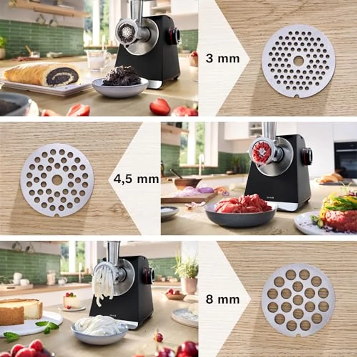 BOSCH Fleischwolf Serie 6 MFWS682B, 3,5kg/Min., Zitruspresse, Raspel, Wurststopfer, 500 W, 2 Lochscheiben (3&8mm), 10 J Motorgarantie, Planetengetriebe, schwarz – Bild 9