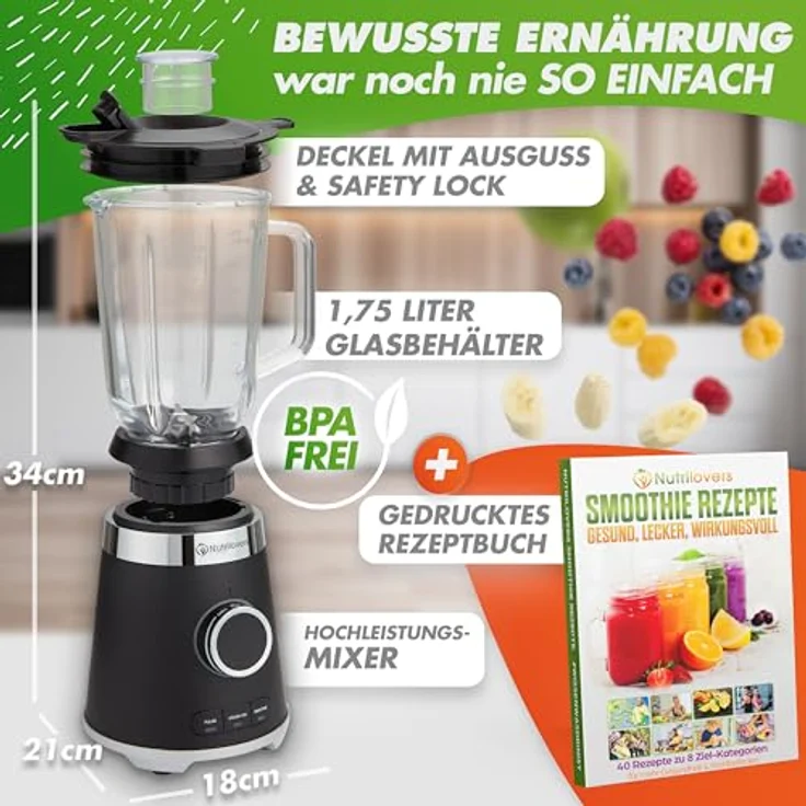 Nutrilovers NUTRI-BLENDER GLAS, Standmixer 1300W mit 1,75L Glasbehälter, Edelstahlgehäuse, 4 Klingen, BPA-frei, leise, variable Stufen, 3 Auto-Programme – Bild 2