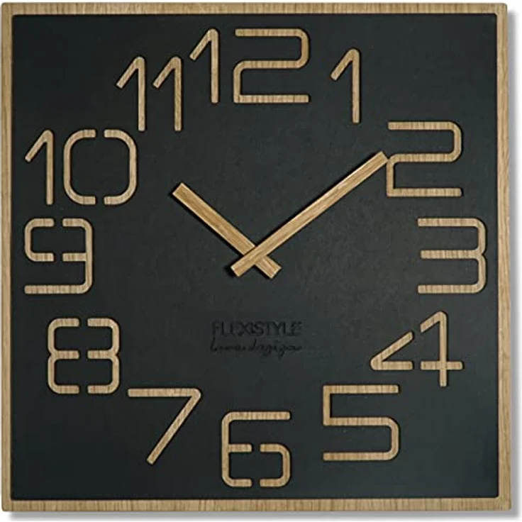 Wanduhr groß holzoptik Holz Digits, quadratisch Stille, Wohnzimmer, Schlafzimmer , Made in EU (Schwarz, 40 cm) – Bild 2