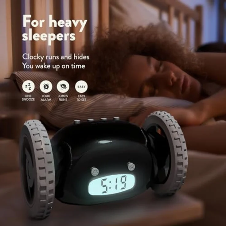 CLOCKY Funny Gift- Loud Alarm Clock on Wheels, Black, Run Away Moving Jump Roll Vibrating, 1-Time Snooze, Digital, Wake Up Energized – Bild 2