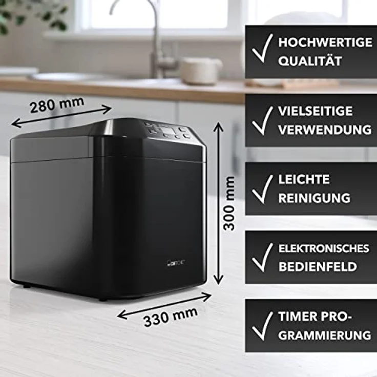 Clatronic BBA 3774 Brotbackautomat, 550W, Timer, 12 Backprogramme, 3 Liter Fassungsvermögen (für ca. 1500 g Brote), Nachbackfunktion, Marmeladenfunktion, LCD-Display, Timer bis zu 13 Stunden, einstellbare Krustenbräunung, schwarz – Bild 3