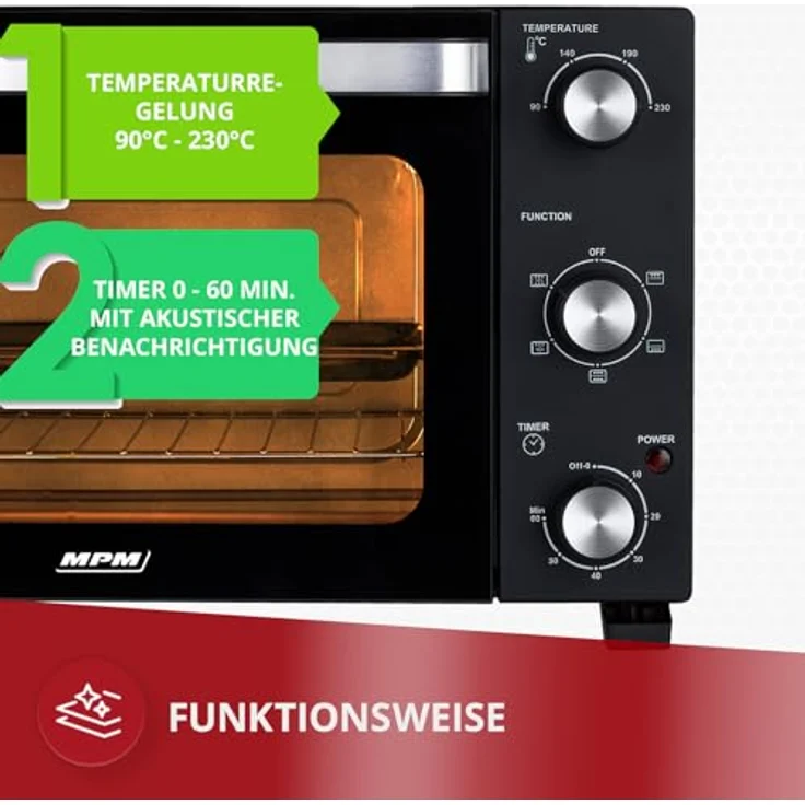MPM MPE-15/T, Freistehender Elektrischer Mini-Ofen mit 28 Liter, Umluft, Timer bis 230°C, 1500W, Schwarz – Bild 3