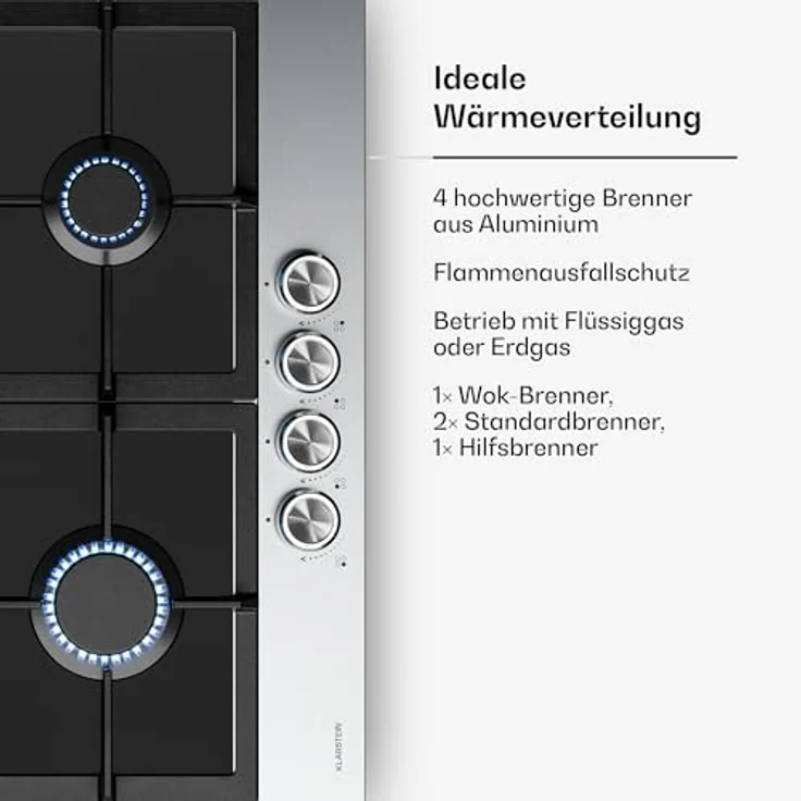 Klarstein Verosteel Gaskochfeld, 4-Brenner, 8000W, 60cm, Glas & Edelstahl, Flammenausfallschutz, elektrisch zündbar, Flüssiggas/Erdgas – Bild 5