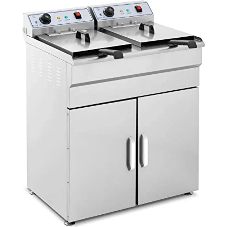 Royal Catering RCKF-16DSH Fritteuse Friteuse Fritöse mit Unterschrank (2x16 L, 2x6000 W, 380V Starkstrom, Ablasshahn, inkl. Schrank) silber