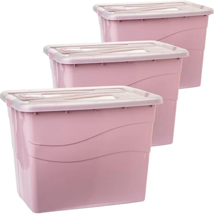 2friends Aufbewahrungsbox mit Deckel Groß XXL, 3er Set, 80 L, stapelbar, mit Rollen und Clip-Griffen, Farbe Rosa