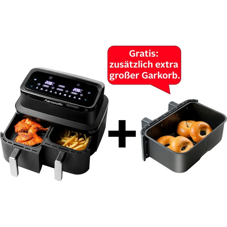 Hanseatic Heißluftfritteuse HAF212600D 2in1, 2600 W, 9L XXL-Volumen mit Dörrfunktion, 2 Einschüben und Touchdisplay