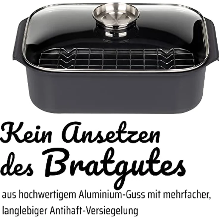 GSW Rechteckbräter Gourmet mit Aroma-Glasdeckel und Grilleinsatz, Aluguss, ø ca. 40 x 26 x H 11cm – Bild 4