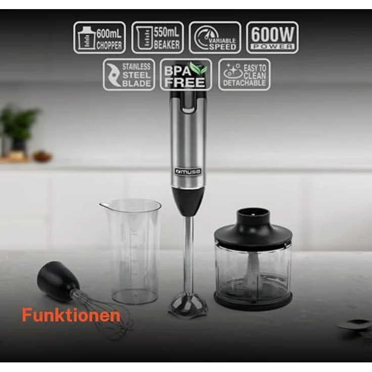 Muse StabmixerSet MS05 HB, 600 Watt Stabmixer mit Mixstab und Schlagscheibe, Edelstahl Schwarz, 500-600 ml – Bild 4