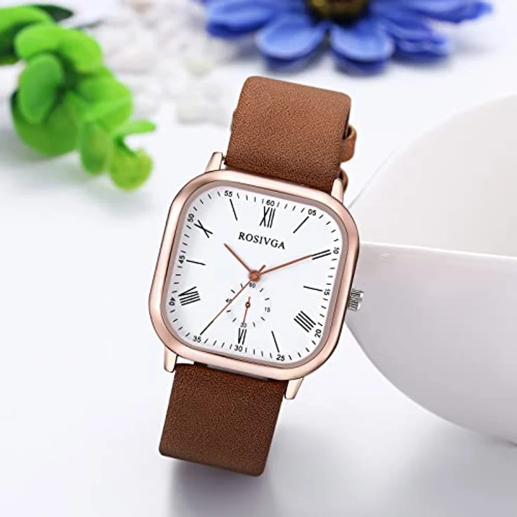 JewelryWe Herren Damen Armbanduhr Klassische Analog Quarz mit römischen Ziffern, quadratisches Zifferblatt, Lederarmband Braun, wasserdicht bis 10M – Bild 5