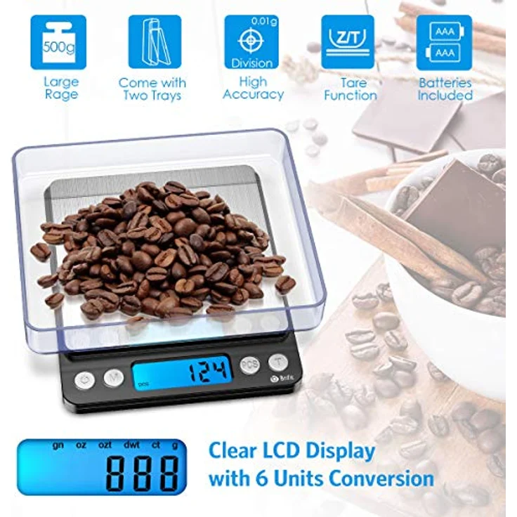 Brifit Feinwaage 0.01g, Digitale Küchenwaage mit 500g Kapazität, Edelstahl Kalibriergewicht, Tara-Funktion, PCS-Funktion, 6 Einheiten Konvertierung, Schwarz – Bild 2