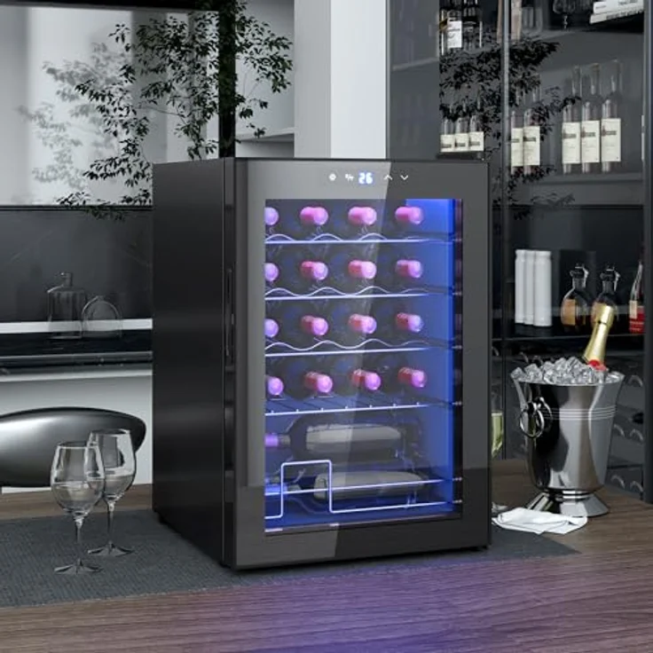 HOMCOM Weinkühlschrank 20 Flaschen 53L 5-18℃ Kompressor Getränkekühlschrank mit Anti-UV Glastür, Flaschenkühlschrank mit LED-Leuchte, Kleiner Weinschrank mit Touch-Screen in Schwarz – Bild 2