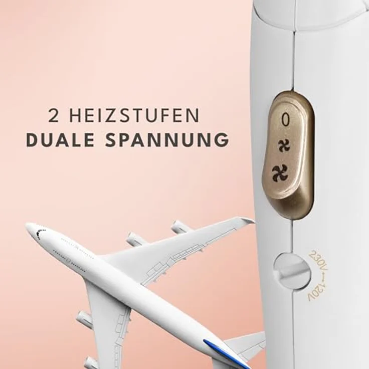 LEBENLANG Reisefön klappbar klein - Duale Spannung & Inkl. Reisetasche mit Stylingdüse - Weiß Gold - Eco Power 1000W - Leicht & Kompakt - 2 Leistungsstufen - Haartrockner für Reisen und Zuhause – Bild 3