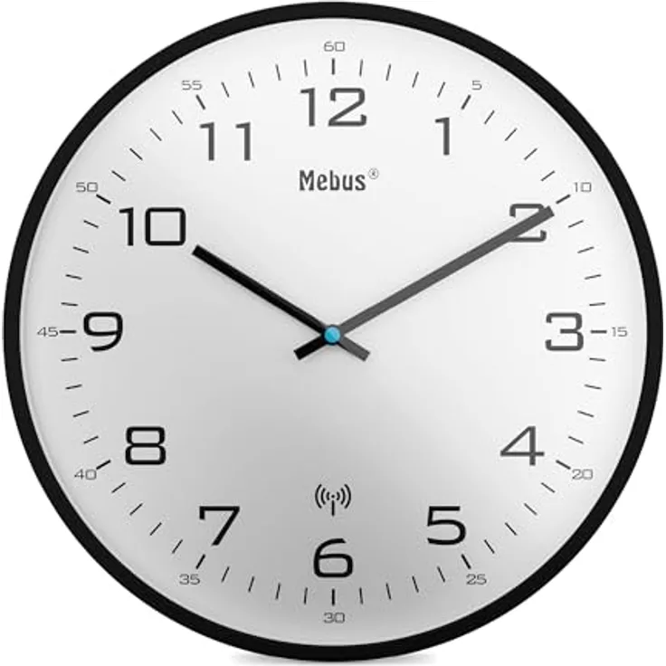 Mebus Funk-Wanduhr Modell 13079, 30 cm, lautlos, schwarzer Rahmen, weißes Zifferblatt, große und klare Anzeige