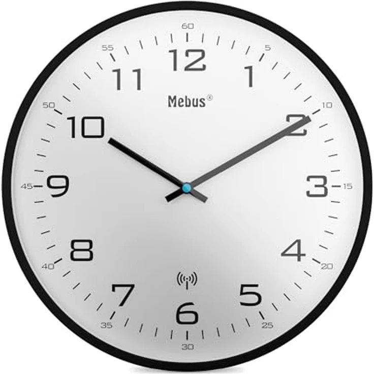 Mebus Funk-Wanduhr Modell 13079, 30 cm, lautlos, schwarzer Rahmen, weißes Zifferblatt, große und klare Anzeige – Bild 1