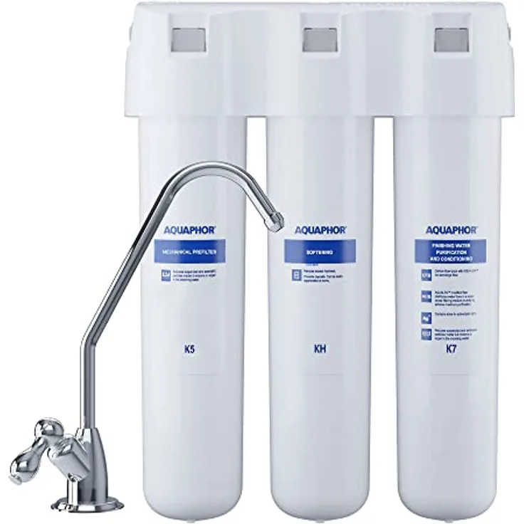 AQUAPHOR Crystal HA TRIO Trinkwasserfilter mit 1 Wege Wasserhahn Wasserenthärter mit Keimsperre Mikrofiltration bis 0,8 Mikrometer