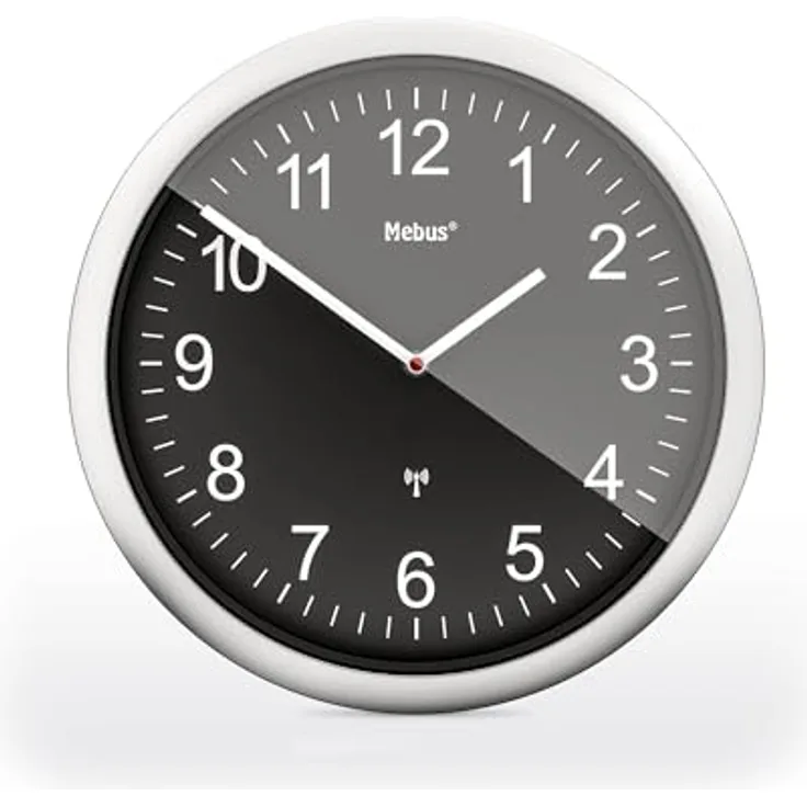 Mebus Funk-Wanduhr, 26 cm, lautlos, gut lesbar, silberner Rahmen, schwarzes Zifferblatt, Modell 19812 - Deutlich und leise, Schwarz