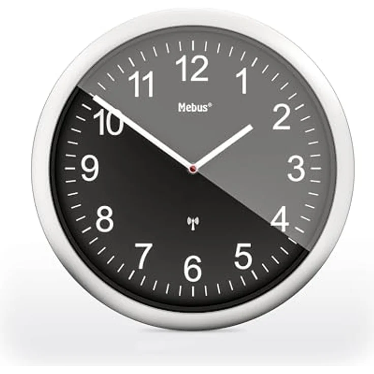 Mebus Funk-Wanduhr, 26 cm, lautlos, gut lesbar, silberner Rahmen, schwarzes Zifferblatt, Modell 19812 - Deutlich und leise, Schwarz – Bild 1