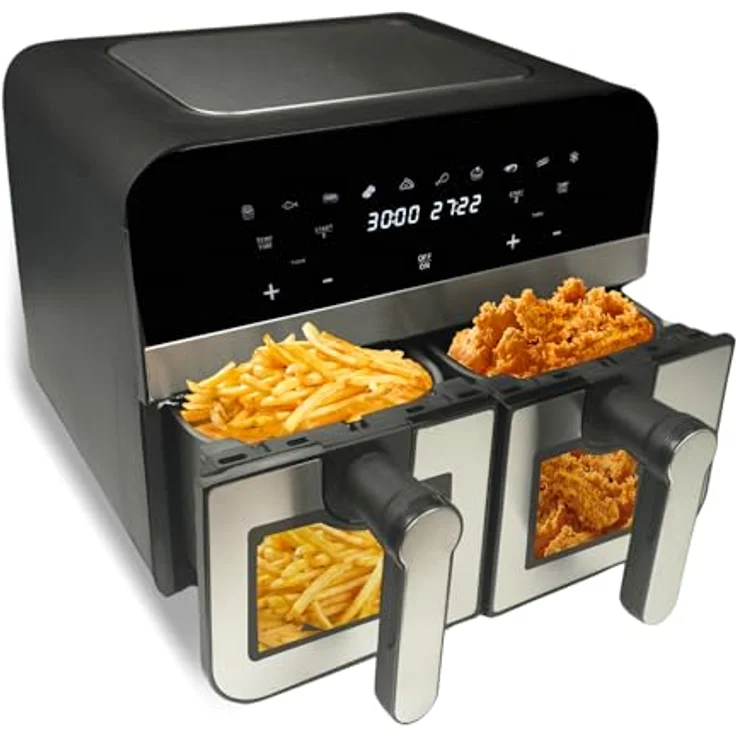 Comfy Nest CNAFD45WS, 2400 W digitale Heißluftfritteuse mit Doppelkorb, 9-Liter-Fenster, Touch-Sensor-Steuerung, modernes Design, grau – Bild 2
