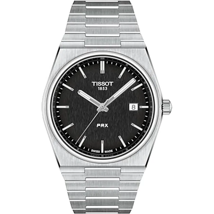 Tissot PRX Herren Armbanduhr, 40mm Quarzwerk, Edelstahlgehäuse, schwarzes Ziffernblatt, Datum