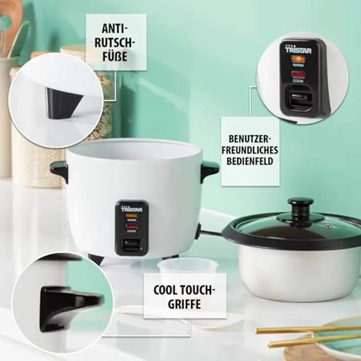 Tristar RK-6117 Reiskocher, 0,6 Liter Volumen, Warmhaltefunktion, 300 Watt, schwarz weiß – Bild 4
