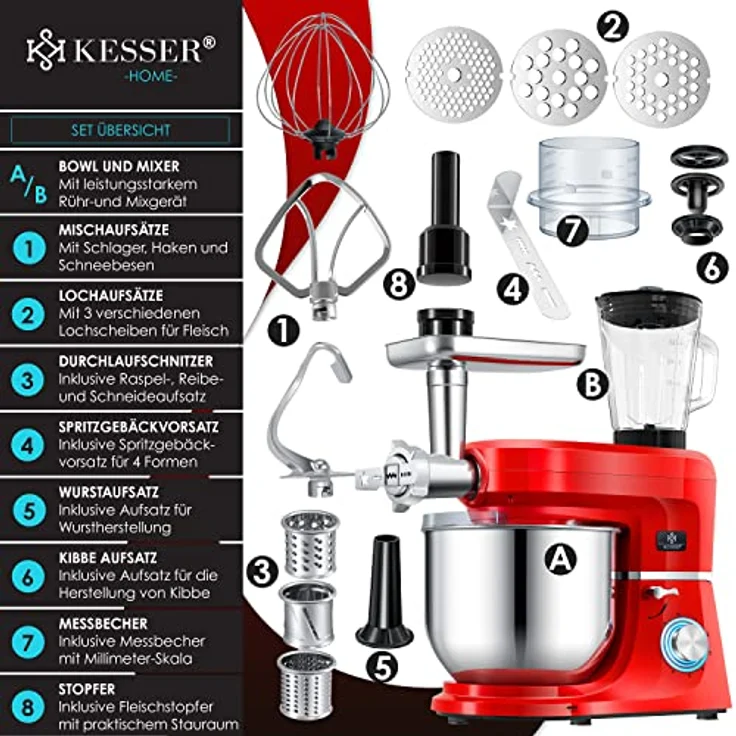 KESSER K-KM 3000 3 in 1 Universal Küchenmaschine, 1500W, 5,5L Schüssel, inkl. Fleischwolf, 3 Rührwerkzeuge, 1,5L Entsafter, Wurst Set Pasta & Plätzchenformen, rot - Preisvergleich – Bild 2