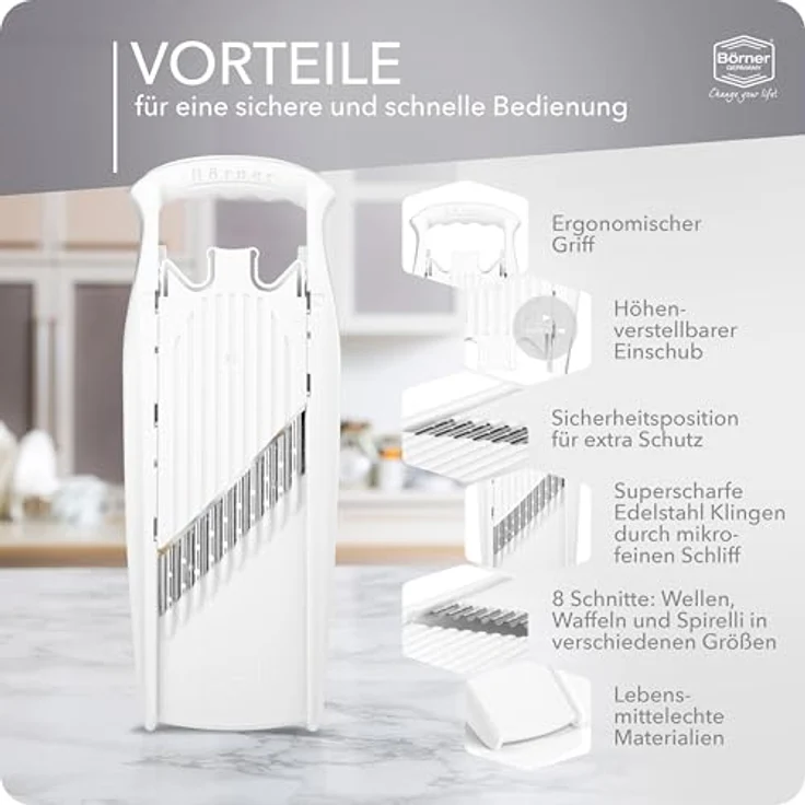 Börner Gemüseschneider Welle-Waffel PowerLine, vielseitiger Kartoffelschneider mit 3 Schnittstärken und integrierter Kindersicherung – Bild 5