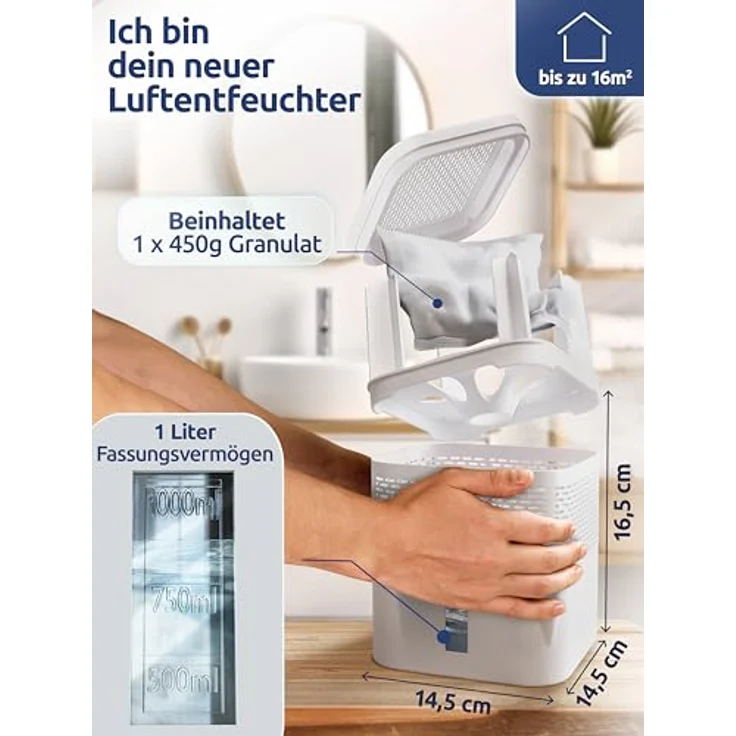 BonAura® Luftentfeuchter ohne Strom, effektiver Raumentfeuchter für Keller und Bad bis 16m², inklusive 450g Nachfüllpack - Schutz vor Schimmel – Bild 2