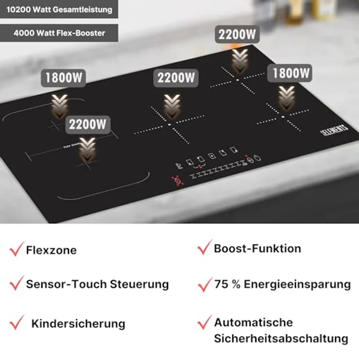 KB-ELEMENTS Induktionskochfeld 5 Platten - Induktionskochfeld 80cm, Autarkes Induktionskochfeld, 10200 Watt, Rahmenlos, Touch-Bedienung,99Min Timer, Kindersicherung, Aut. Abschaltung – Bild 2